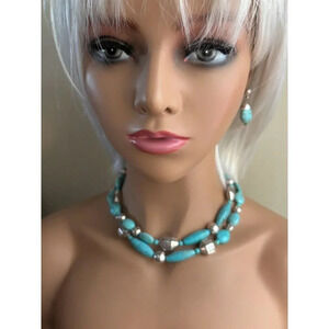 Brighton Turquoise & Silver Plated Beads Long Necklace Set Etched Design 17"